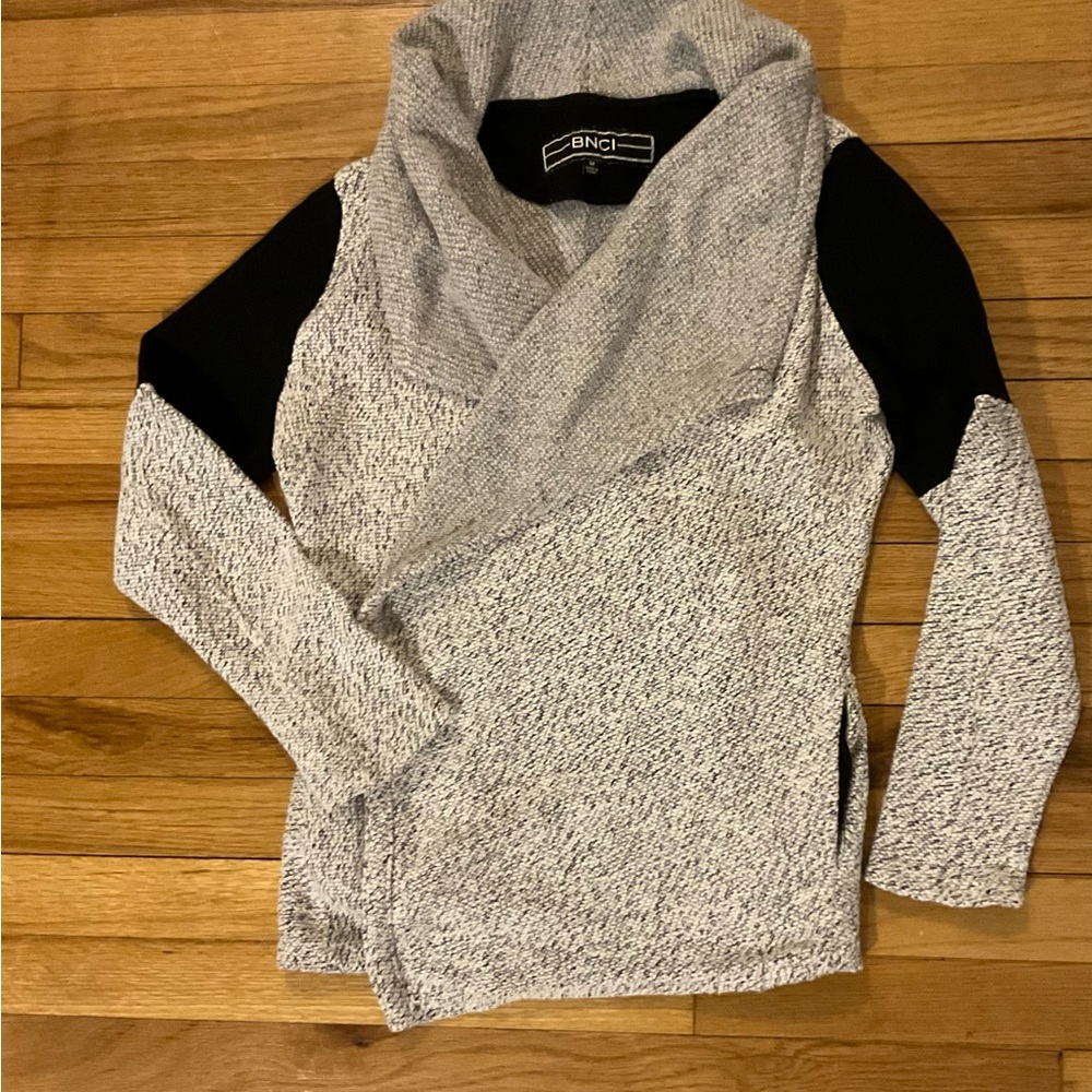BNCI cardigan with shawl collar & drape front. Gray w/black. Size Medium.